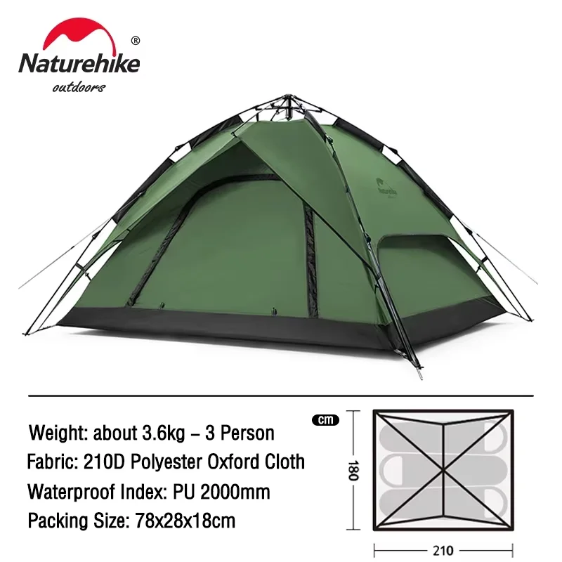 Naturehike Ango Tenda Pop-up Automatica Per 3 Persone, 210x210x165cm, Impermeabile E Anti-UV, Con Tettoia Opzionale, Per Campeggio E Famiglia