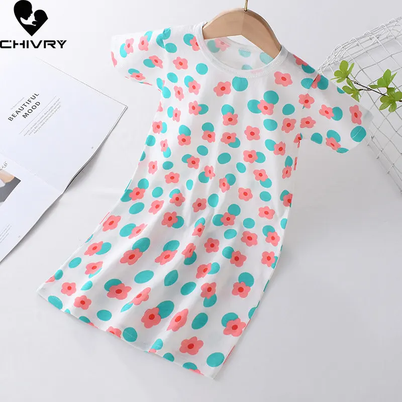 

New 2023 Girls Fashion Nightgown Summer Short Sleeve O-neck Cartoon Sleepwear Pajamas Baby Girl Loose T-shirt Dress Homewear
