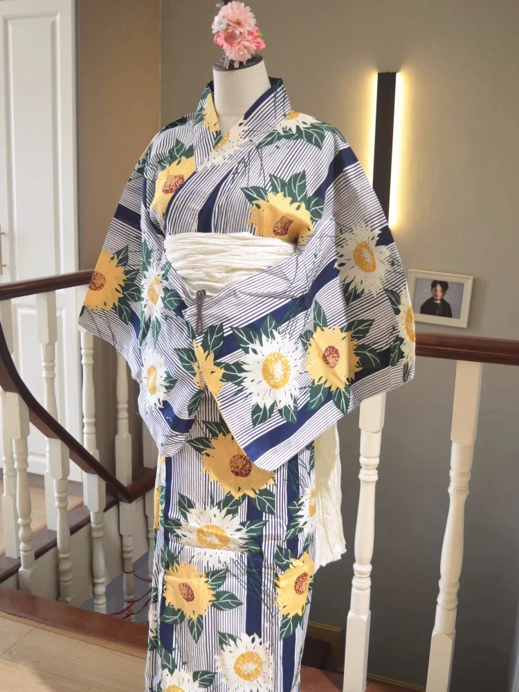 Women's Japan Style Traditional Kimono Cotton Linen Summer Yukata Retro Style Long Dress Cosplay Wear Photography Dress