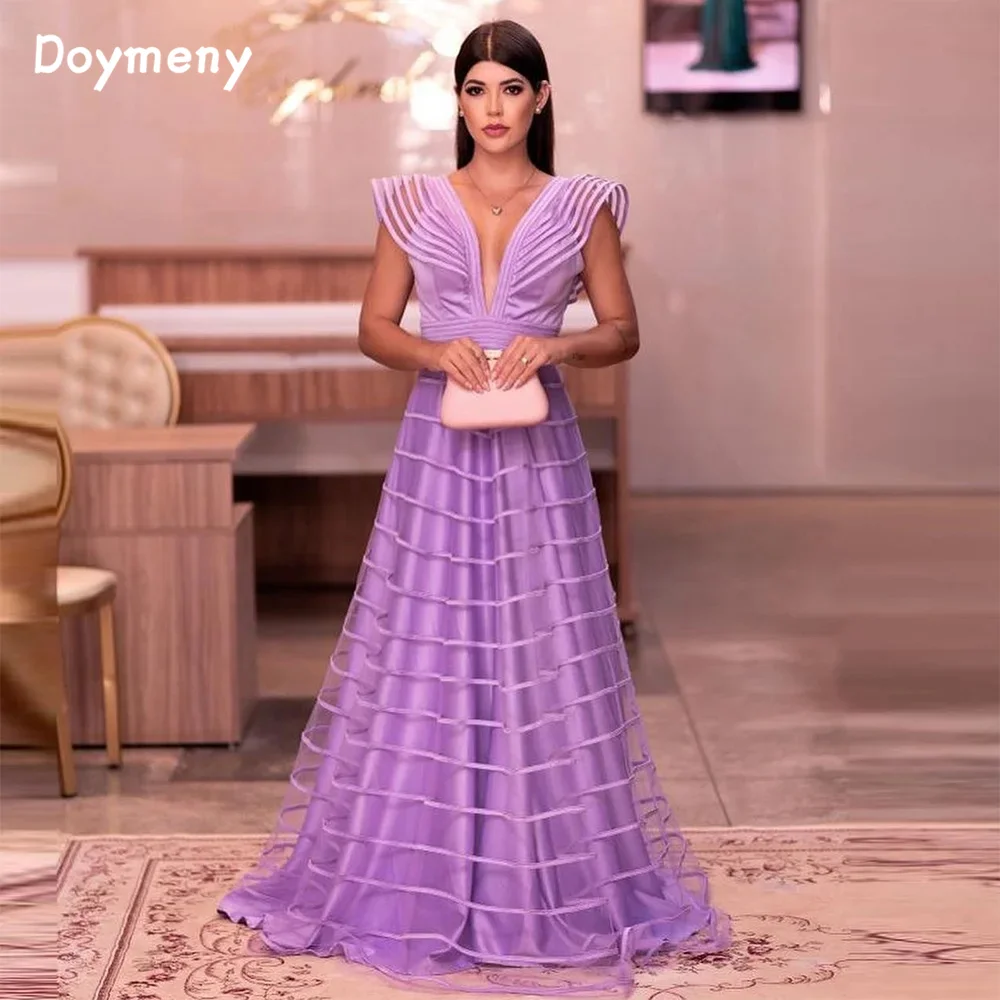 

Doymeny Simple V Neck Prom Dresses Floor Length Sleeveless A-Line Pleat Ruched Saudi Arabic Evening Gown Formal Party Dress