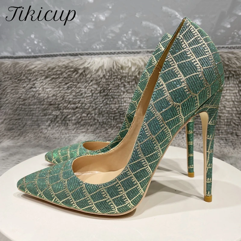 

Tikicup Glitter Embossed Crocodile Effect Women Greem Pointy Toe High Heel Party Dress Shoes Sexy Ladies Chic Stiletto Pumps