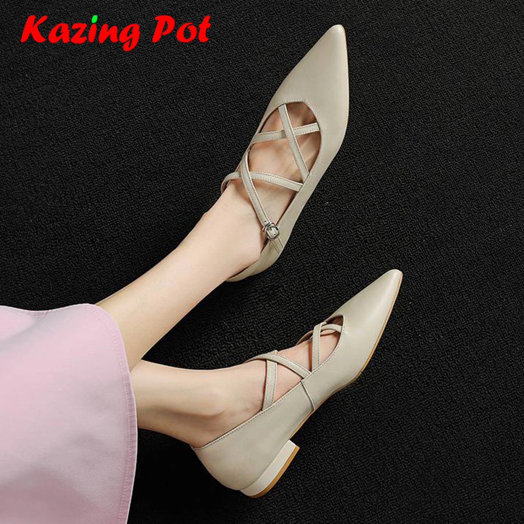 

Krazing Pot Genuine Leather Pointed Toe Women Summer Low Heels Buckle Straps Gorgeous Mary Janes Shallow Princess Style Pumps