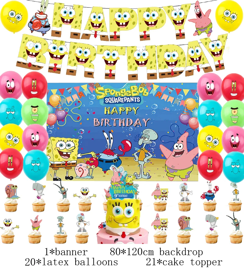 Cartoon Spongebob Birthday Party Supplies - 32pcs/set Birthday Party Favor  With Happy Birthday Banner Cake Topper Cupcake Topper Balloons Decorations