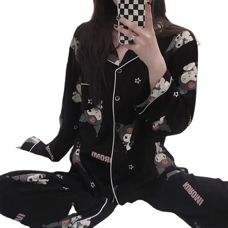 Women Pajamas Set Women Pajama Suit Cotton Pajamas Set Sanrio Cartoon Anime Kuromi Nightwear Women's Autumn Cute Long Sleeve Collar Cardigan Comfortable Home Clothes Set
