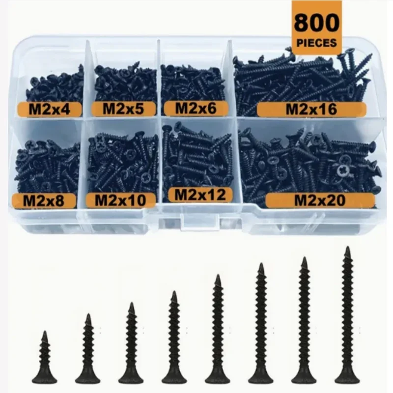 

800pcs Black Cross Countersunk Head Flat Head Self Tapping Screw Combination Carbon Steel Black Phillips Mini Screw M2