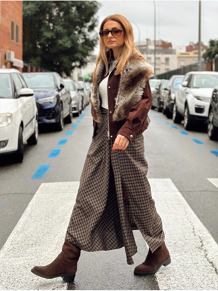 Elegant Plaid Long Skirts For Women Fashion Ruched New High Waist Midi Skirt High Street Casual Chic Party Skirts Mujer ﻿ ﻿