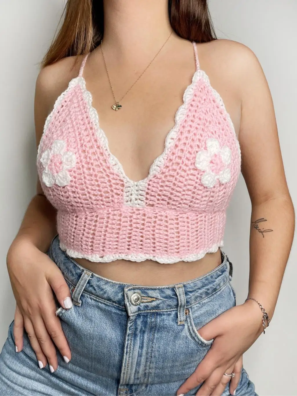 

Women Sexy Crochet Bralette Bikini Tops Single Piece Swimsuit Female Kintted Floral Lace Up Swimwear Bras Pink Mujer Biquinis