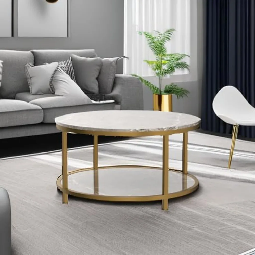 Round Coffee Table 33.5" Coffee Tables for Living Room High Glossy Faux Marble Top Modern Circle Table Sturdy Gold Metal 5