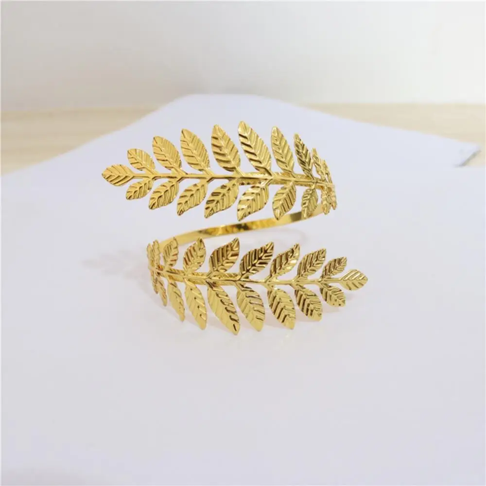 Women Alloy Jewelry Bracelet Charm Bangle Retro 10cm Diameter Metal Leaf Open Arm Cuff Armlet Fine Greek Roman Open Ended Spiral 5