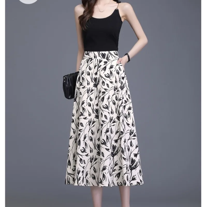 New Women's Summer Temperament Printed Chiffon High Waist A-line Fashion Elegant Versatile Thin Fit Pleats Mid Length Skirts