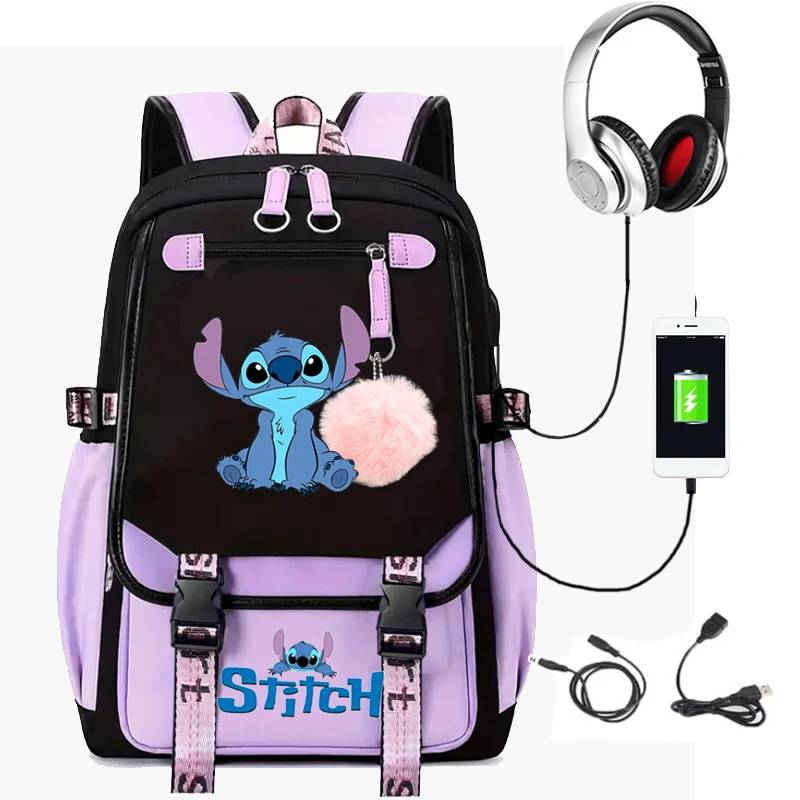 Lilo & Stitch 남녀공용 USB 노트북 패치워크 책가방, 10 대 대용량 여행 배낭