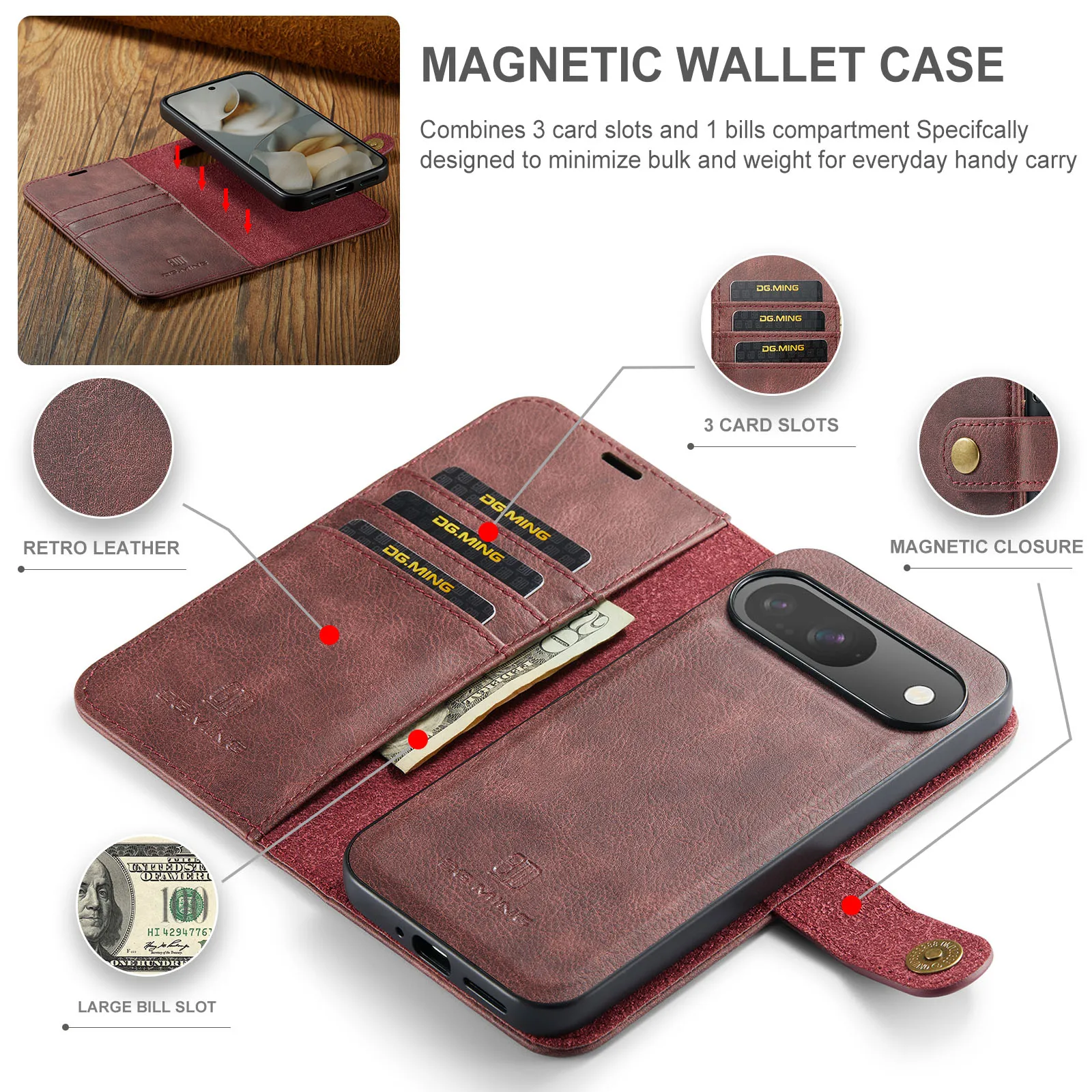 Premium Detachable Magnetic Leather Wallet Phone Case with Card Slot and Protective Flip Cover