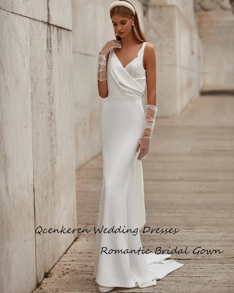 

Женское длинное Свадебное платье Qcenkeren, платье невесты с кружевными рукавами-фонариками и V-образным вырезом, элегантное платье с рюшами, 2024