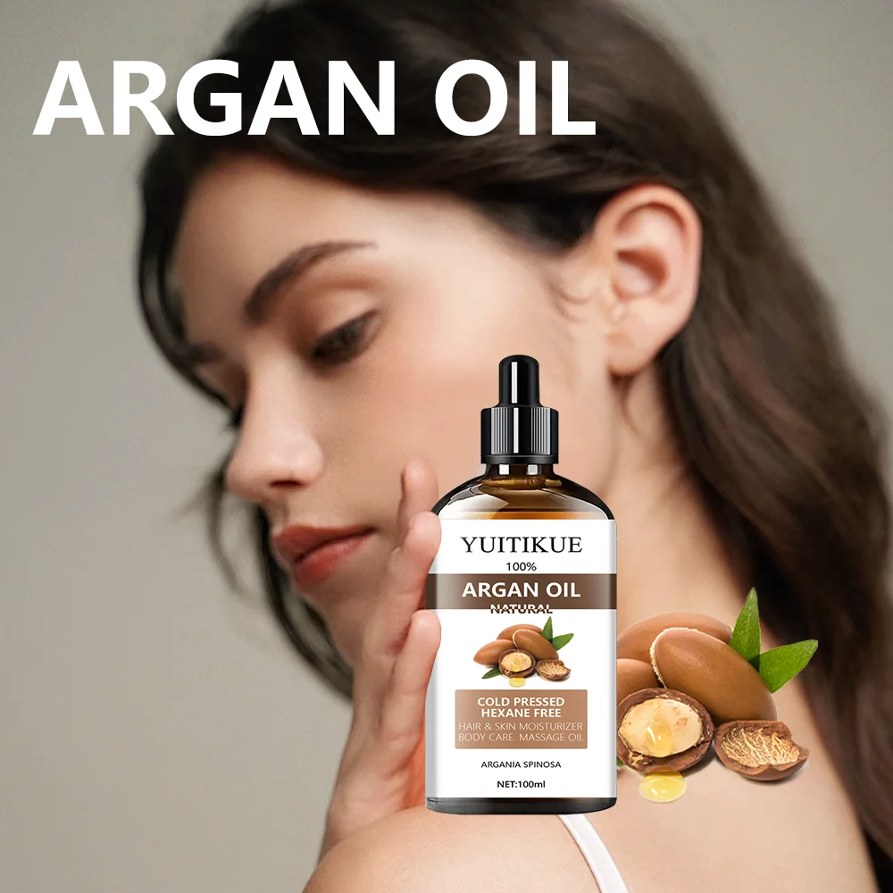 100% pure Moroccan argan oil, suitable for hair, skin, and body massage, nourishes, repairs, and moisturizes.