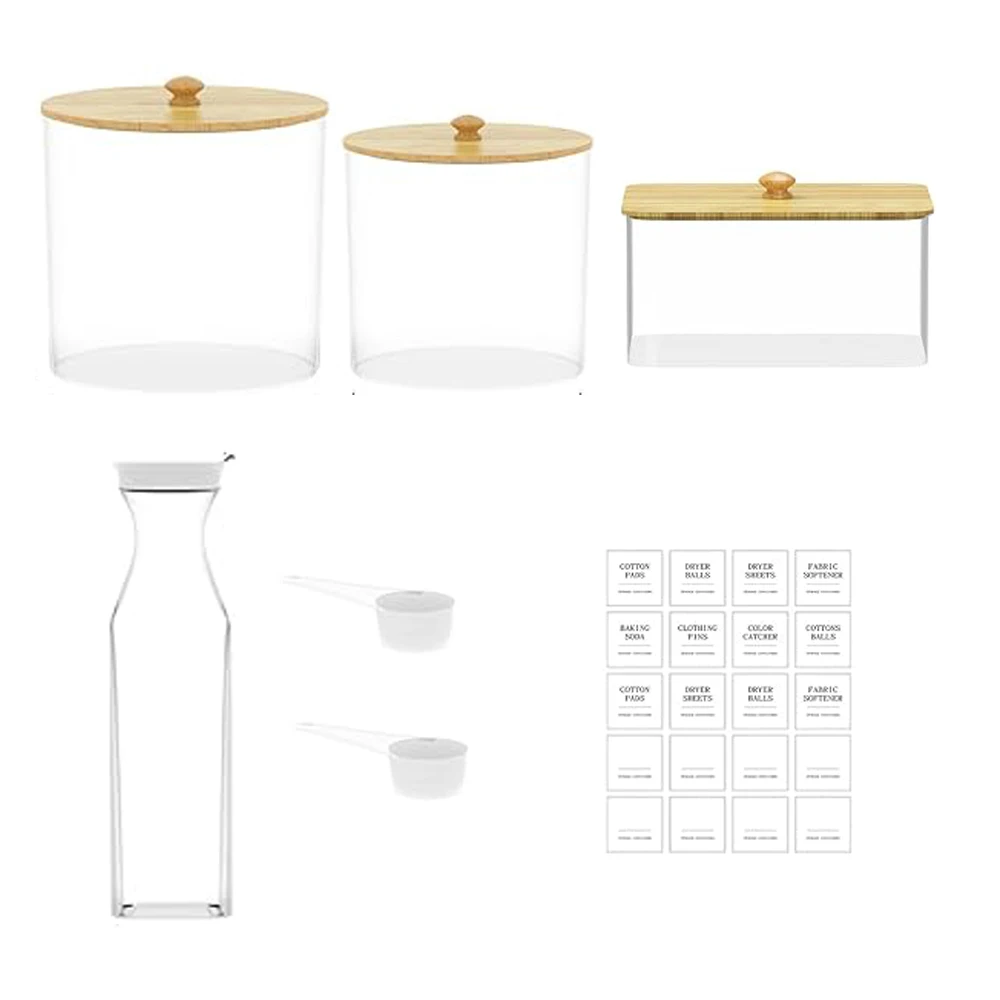 3+1 חבילת מיכלי כביסה ומחזיק גיליון מייבש ומפיץ חומרי ניקוי לכביסה, צנצנות ארגון ואחסון לחדר הכביסה