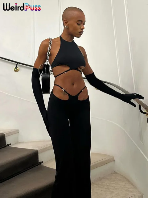 Weird Puss Hollow Straps 2 Piece Sets Woman Summer Sexy Solid Halter Backless Tops+Sequined Flared Pants Party Skinny Outfits