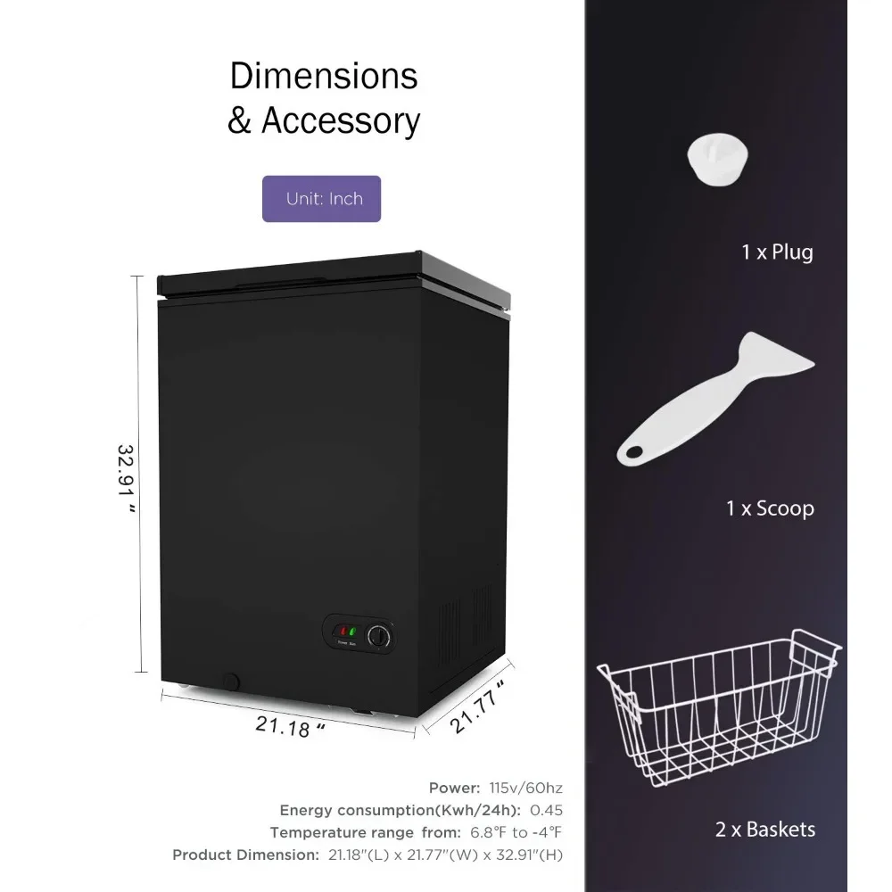 3.5 Cu Ft Chest Freezer 2 Removable Baskets  Quiet Compact Freezer 7 Temperature Settings - Black 6