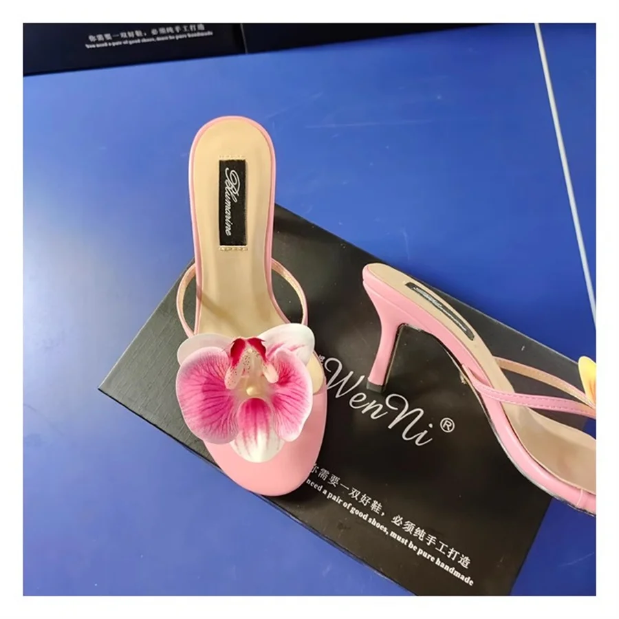 Flower Decoration Thin High Heel Clip Toe Slippers Women's Summer Outwear Fashion 2024 New Pink Green Color Slipper Sandals