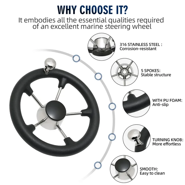 11 Inch Marine Steering Wheel - Stainless Steel 5-Spoke Boat Wheel With Foam Grip