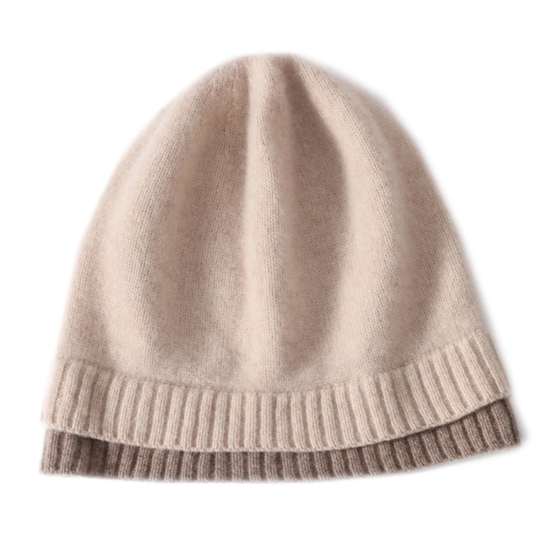 100%Wool Women Knitted Beanies Autumn Winter Warm Soft Cozy Cashmere Hats Fashion 2 Layer Hem Bonnet Outdoor Ski Skullies Cap 2