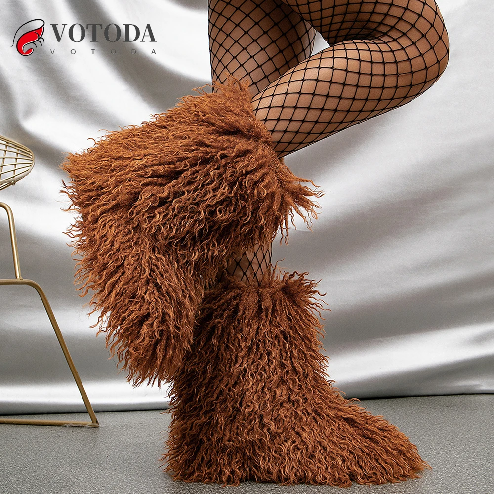 Women Snow Boots Winter Boots Furry Shoes Women Teddy Fur Snow Boots Fluffy Warm Faux Wool Plush Fashion Ladies Mongolian Fur Boot