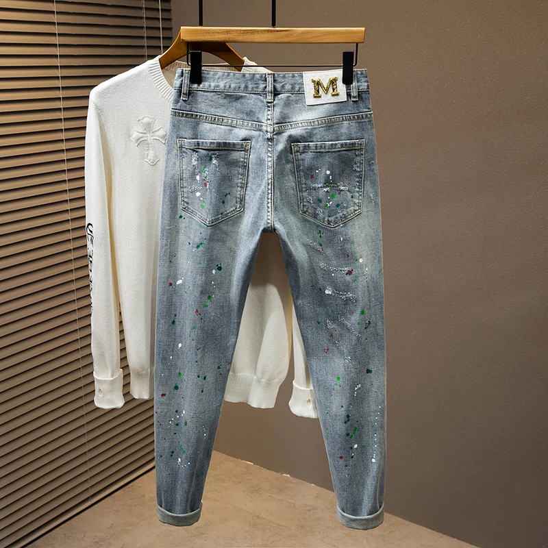 New Light Luxury Men'S Jeans Fashion Hole Patches Tide Elastic Slim Embroidery Spray Paint Personality Street Casual Denim Pants
