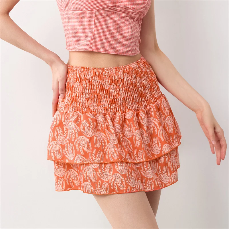 Minifalda de verano para mujer, con estampado floral, elástica, de cintura alta, con volantes escalonados, faldas cortas de corte A, faldas para salir, ropa de calle