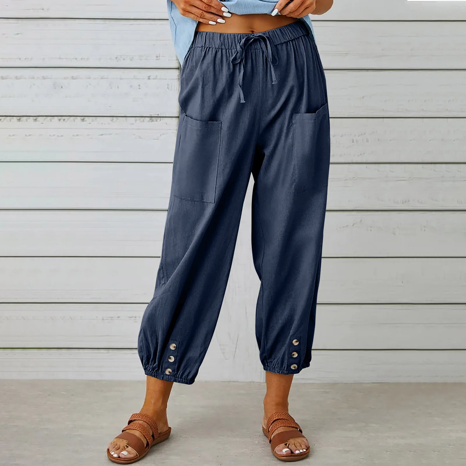New Loose Type High-waisted Buttoned Cotton Hemp Pants Nine-point Pants Wide Leg Women's Pants