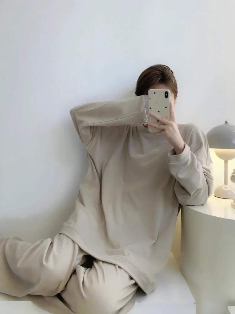 Premium Simple Women's Pajamas Set of Solid Color Long-sleeved Spring and Autumn Models Casual and Elegant Homewear Sleepwear