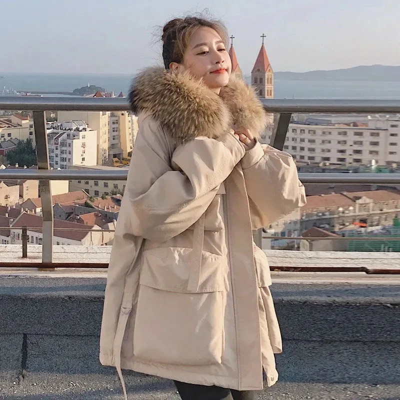 

Новая зимняя куртка Lucyever 2023, Женская парка, модные флисовые куртки с меховым воротником и капюшоном, Женская Толстая теплая зимняя одежда, парка с подкладкой