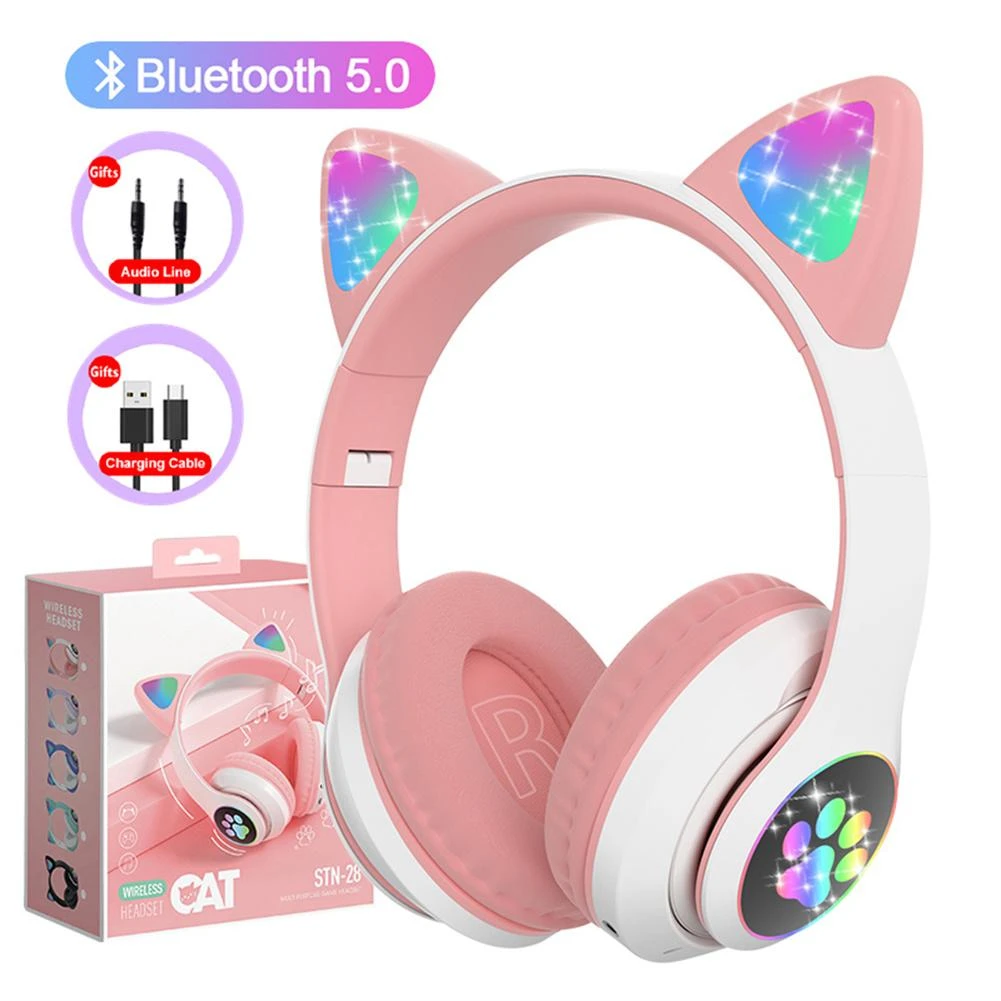 Headset Wireless Headphones With Mic Stereo Music Cute Cat Ears Girls Earphones Gaming Led Rgb Bluetooth-compatible Headset