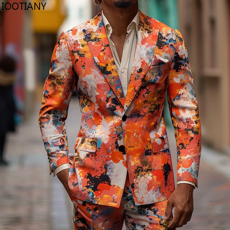 American Fashion Graffiti Casual Men's Suit Colorful Print Suit Jacket Pants Fashion Casual Party Men's Suits Bar Stage Show Set