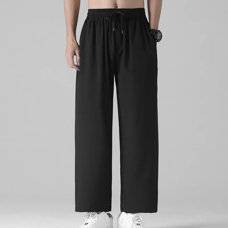 Men's Spring Autumn Bandage Solid Drawstring Elastic High Waist Pockets Wide Leg Casual Sports Loose Trousers Office Lady Pants