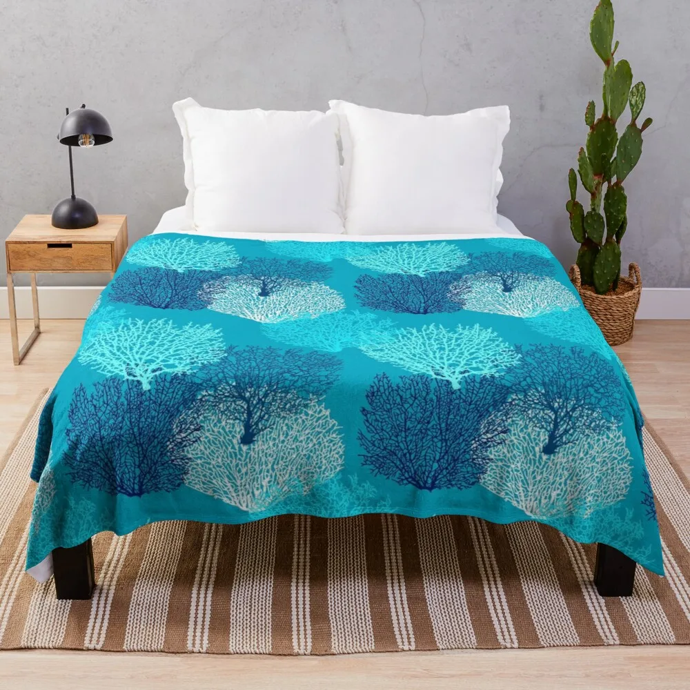 

Fan Coral Print, Turquoise, Aqua and Cobalt Blue Throw Blanket Jacquard Blankets Ands