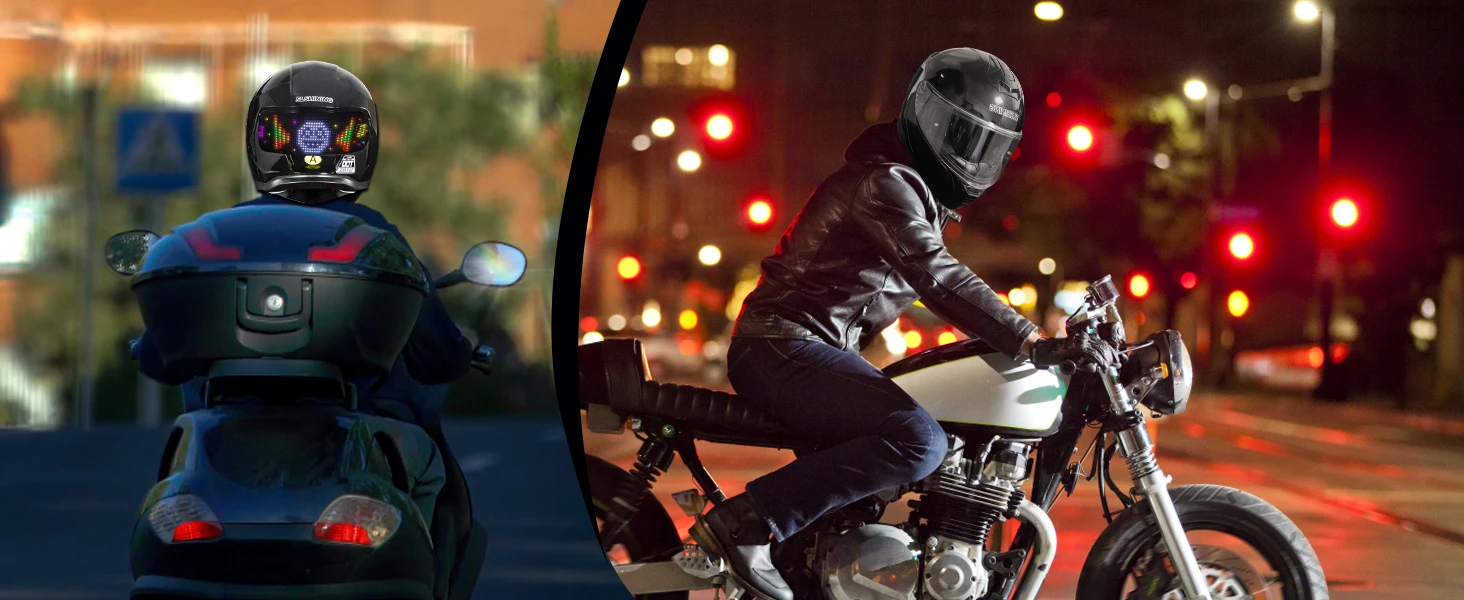 Motorcycle Helmets with LED Display, Rechargeable App Control Tail Light Helmet