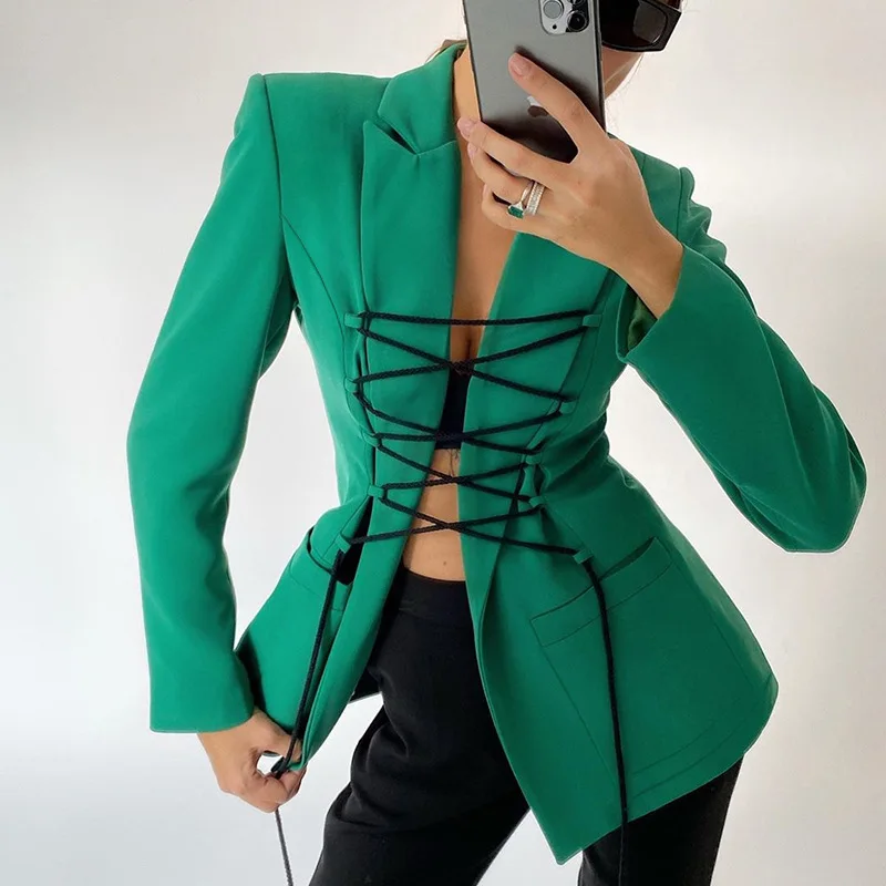 Autumn Winter Stylish Bandage Tops Coat for Women Solid Color Casual Chic Jackets Elegant Office Lady Streetwear Jacket Female