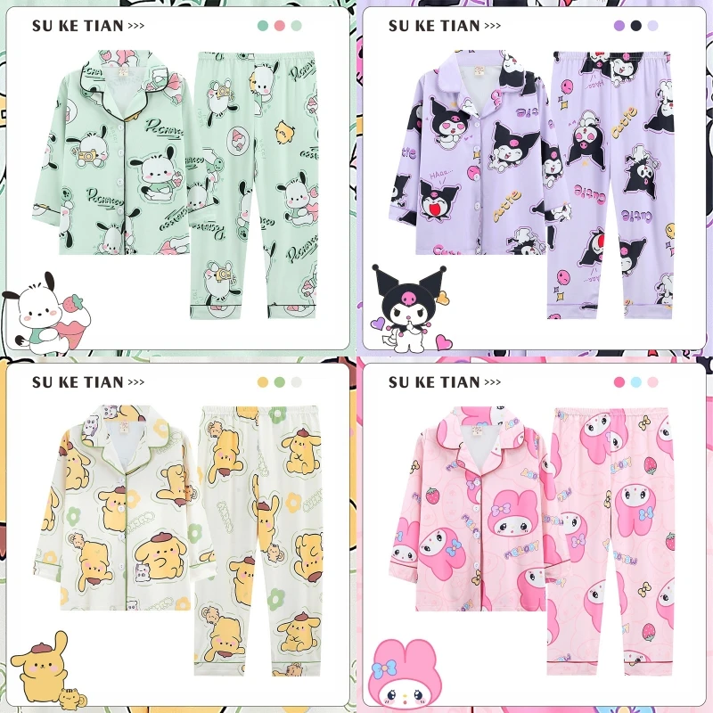 

2023 Kawaii Sanrioed Pochacco Pajamas Anime Kuromi Cinnamoroll Children's Sleepwear Boys Girls Autumn Long Sleeve Homewear Gifts