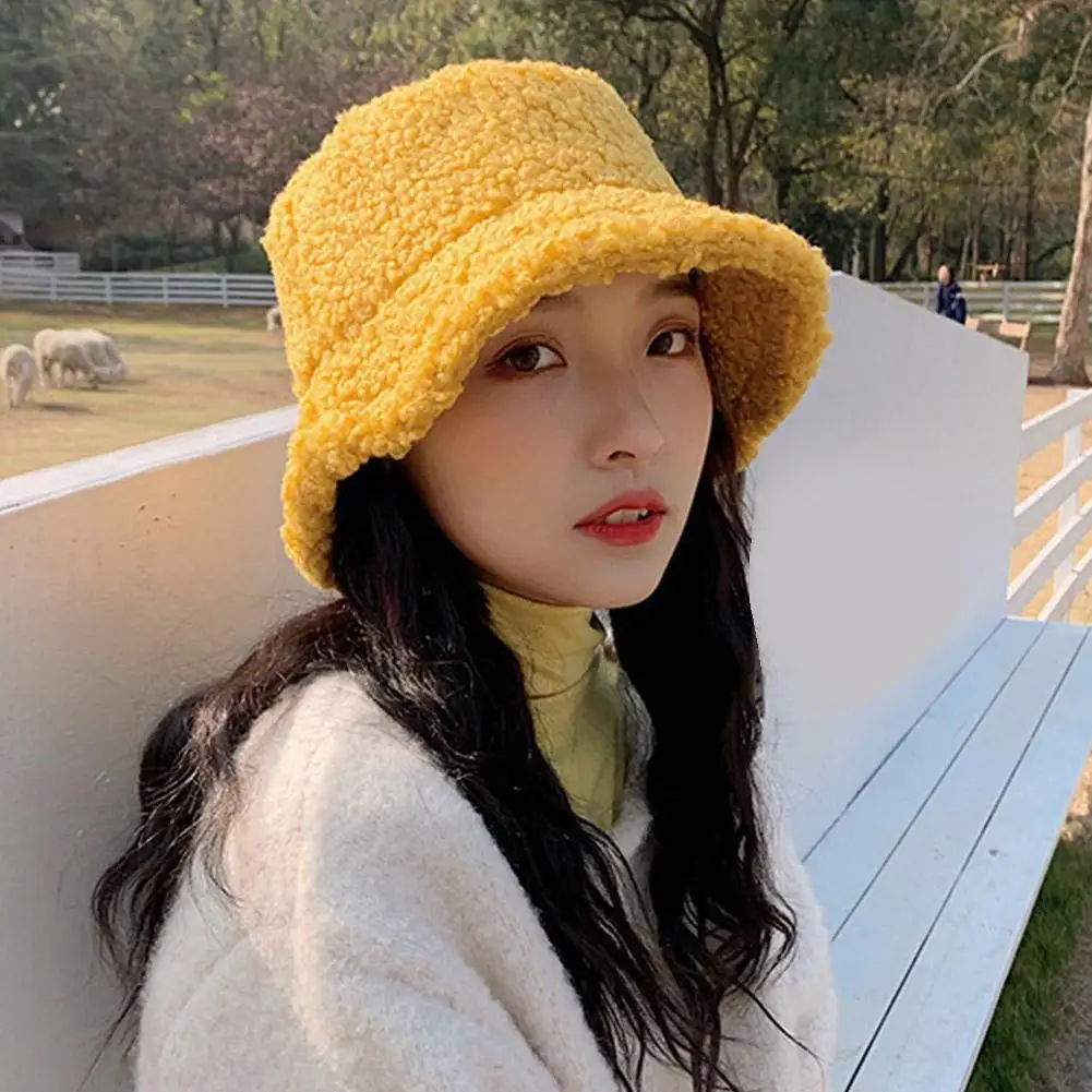 Lamb Faux Fur Bucket Hat Winter Women Outdoor Panama Fisherman Hat