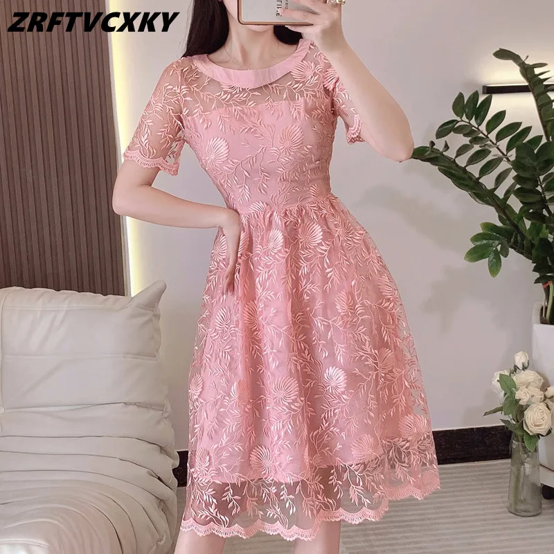 

Fashion Women Mesh Embroidery Pink Lace Dresses Summer Short Sleeve See Through O-Collar A-Line Holidays Party Midi Dress Clothi