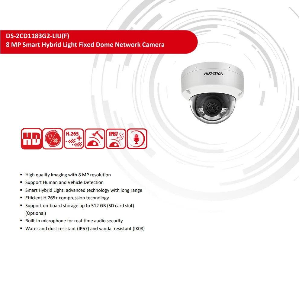 Hikvision 8MP IP Camera DS-2CD1183G2-LIUF Built-in Mic Dual