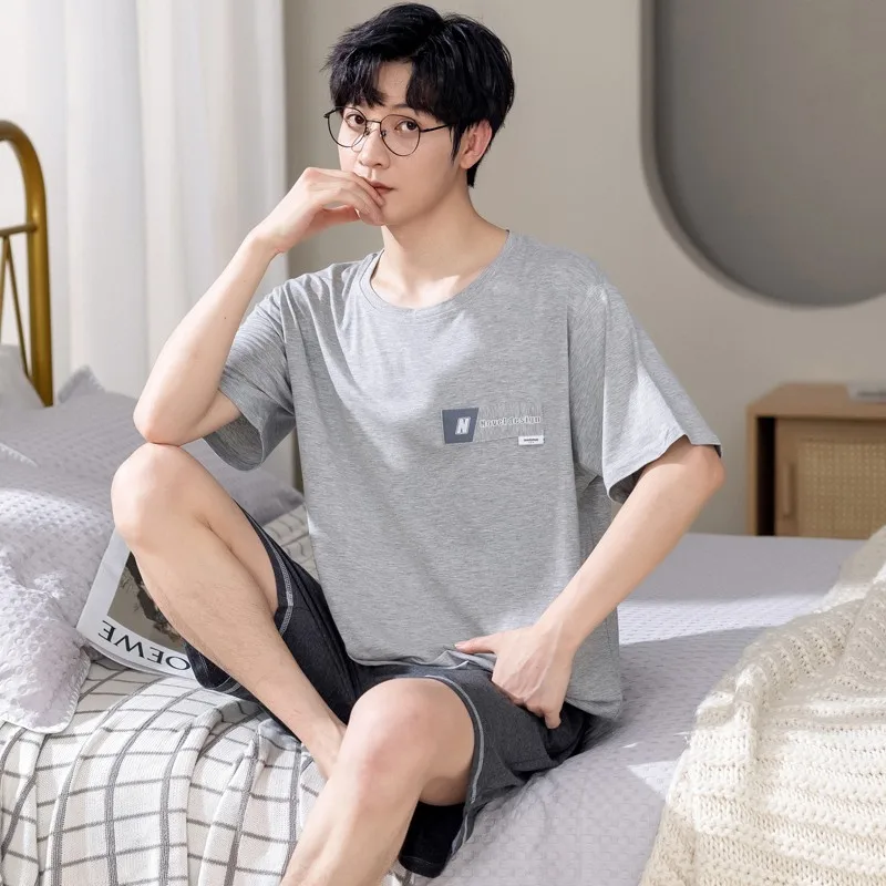 Pajamas Men Cotton Short-sleeved Summer Men Teen Homewear 2-Piece Suit Breathable Casual Loungewear Homme