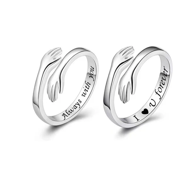 Lettering silver Color Warmly Embraced Love Hug Open Ring For Women Cute  Creative Hands Embracing Adjustable