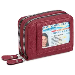 Elegant RFID Blocking Leather Wallet with Double Zipper and ID Window (A - Burgundy)