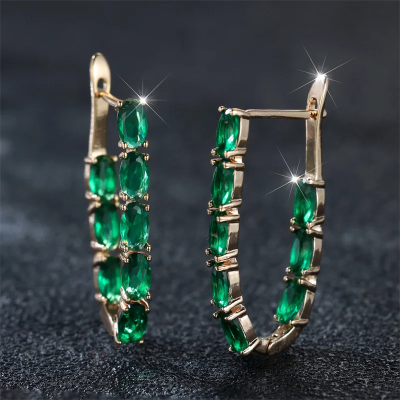 Cute Female Green Oval Stone Clip Earrings Charm Gold Color Zircon Wedding Jewelry For Women