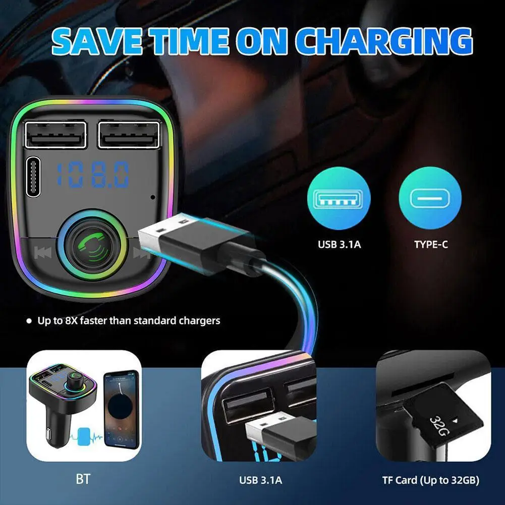 

Car 5.0 FM Transmitter PD Type-C Dual USB 3.1A Fast Charger Colorful Handsfree Ambient MP3 Modulator Light Player X9P6