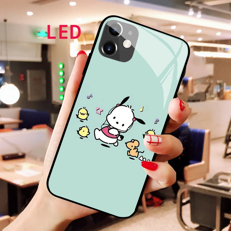 

Kawaii Pochacco Luminous Tempered Glass phone case For Apple iphone 13 14 Pro Max Puls mini Luxury Fashion LED Backlight cover