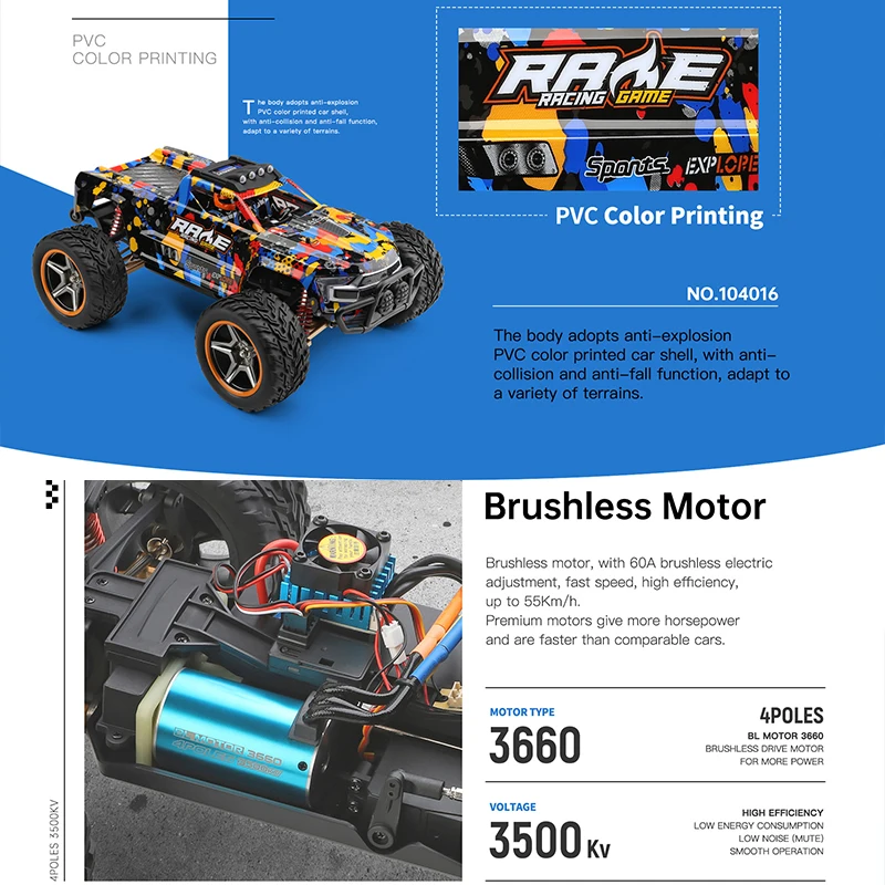 Wltoys 104018 104016 1:10 RC Car 4WD With Led Lights 55KM/H Remote Control Car 3660 Brushless Motor Off-Road Monster Truck 2