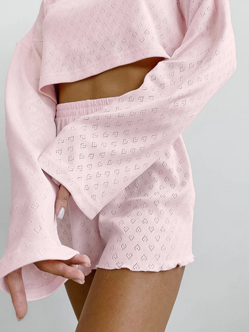 Marthaqiqi Casual Female Pajama Set Sexy O-Neck Sleepwear Long Sleeve Nightie Crop Top Nightwear Shorts Loose Home Clothes Women