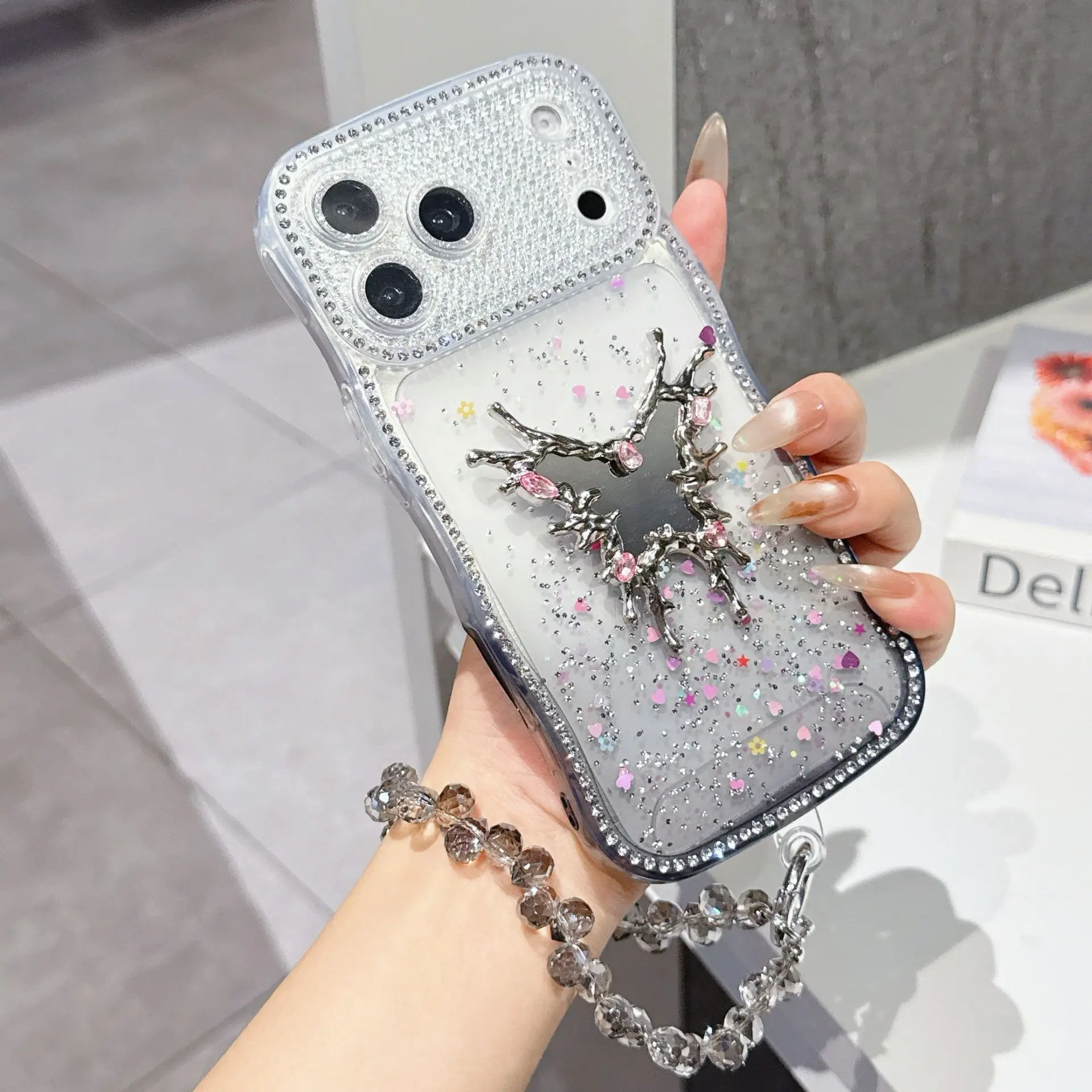 Butterfly Makeup Mirror Sparkling Diamond Case with Bracelet and Mirror Film