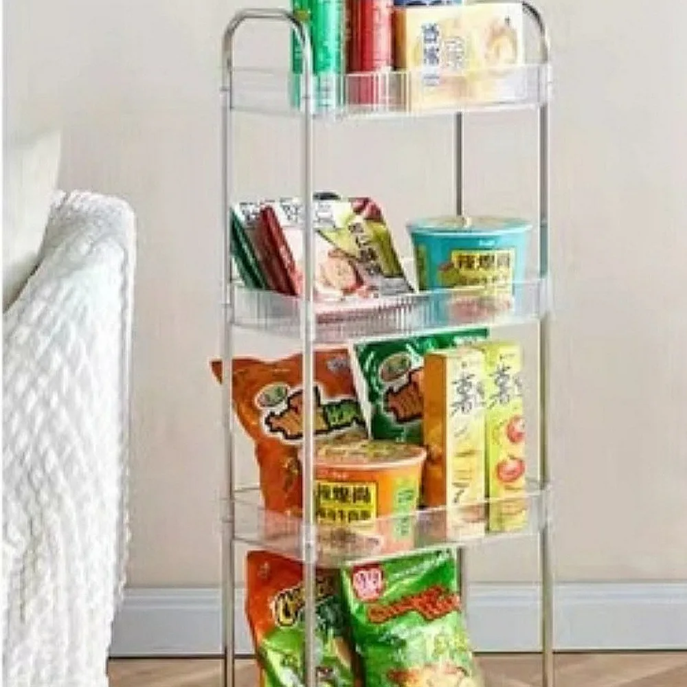 4 Tiers Rolling Cart Storage Shelfs with Hanging Basket Transparent Acrylic Trolley Mobile Shelf with Wheel Multi-Layers Storage